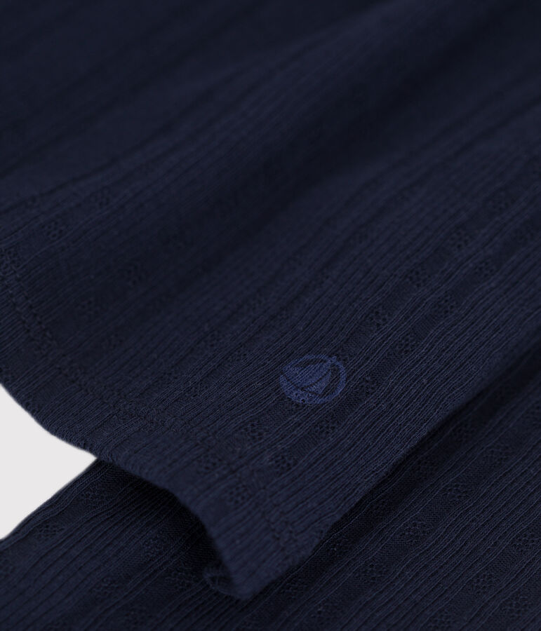 Tee-shirt manches longues col tunisien en c&ocirc;te d&eacute;saiguill&eacute;e unie uni femme bleu SMOKING