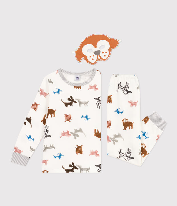 Pyjama d&eacute;guisement avec un masque chien en molleton enfant blanc/multicouleur