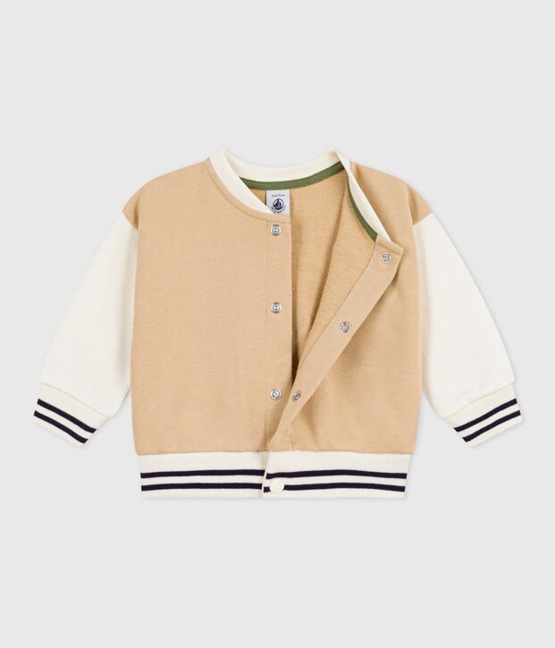 Veste teddy b&eacute;b&eacute; en coton colorblock et badge beige/&eacute;cru
