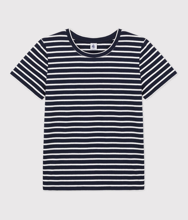 Tee-shirt LE DROIT col rond en coton Femme bleu/blanc