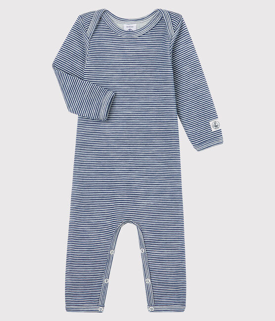 Body jambes longues bébé en laine et coton bleu MEDIEVAL/blanc MARSHMALLOW