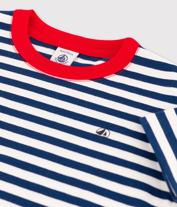 T-shirt manches courtes en coton enfant gar&ccedil;on bleu/blanc