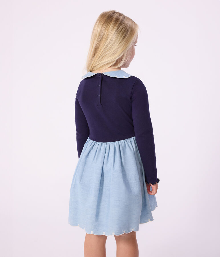 Robe enfant manches longues bi-mati&egrave;re en coton bleu SOIR