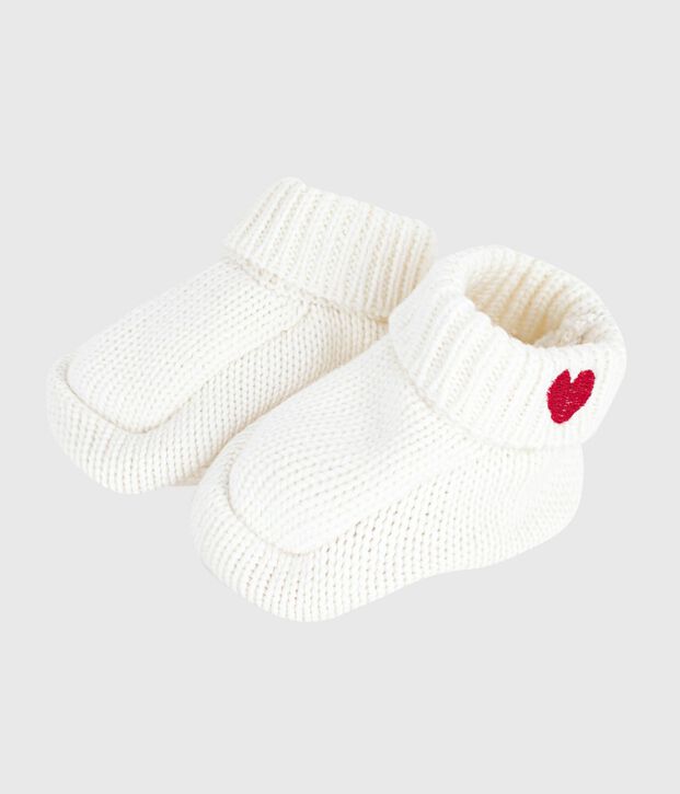 Chaussons naissance tricot&eacute;s en coton blanc