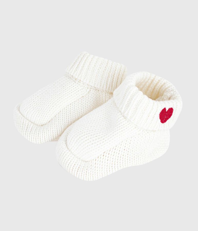 Chaussons naissance tricot&eacute;s en coton blanc MARSHMALLOW