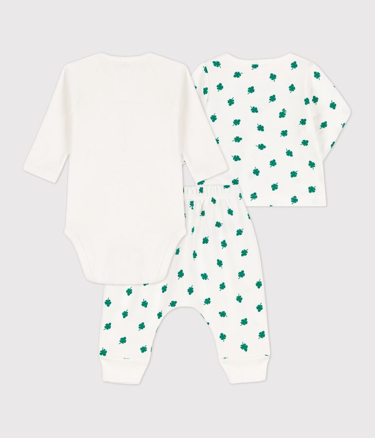 Ensemble 3 pi&egrave;ces b&eacute;b&eacute; imprim&eacute; v&eacute;g&eacute;tal en molleton bio blanc MARSHMALLOW/vert GAZON