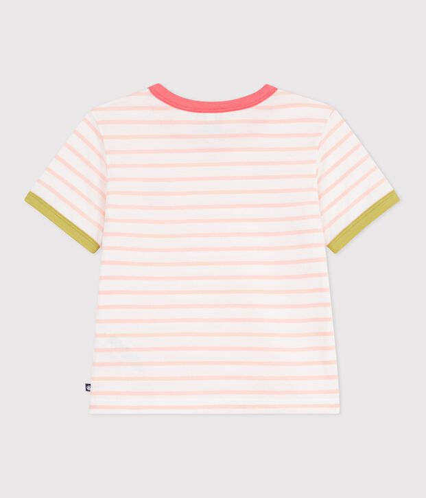 Tee-shirt enfant manches courtes en coton &agrave; rayures rose/orange