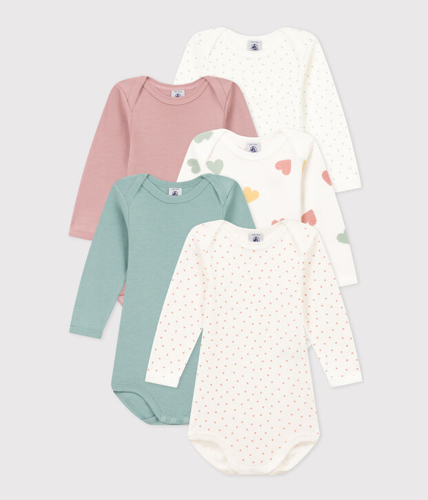 Lot de 5 bodies manches longues coeurs b&eacute;b&eacute; en coton multicouleur