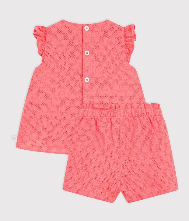 Ensemble b&eacute;b&eacute; 2 pi&egrave;ces en broderie anglaise, motif c&oelig;urs corail