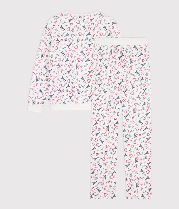 Pyjama femme en coton imprim&eacute; Paris blanc/multicouleur