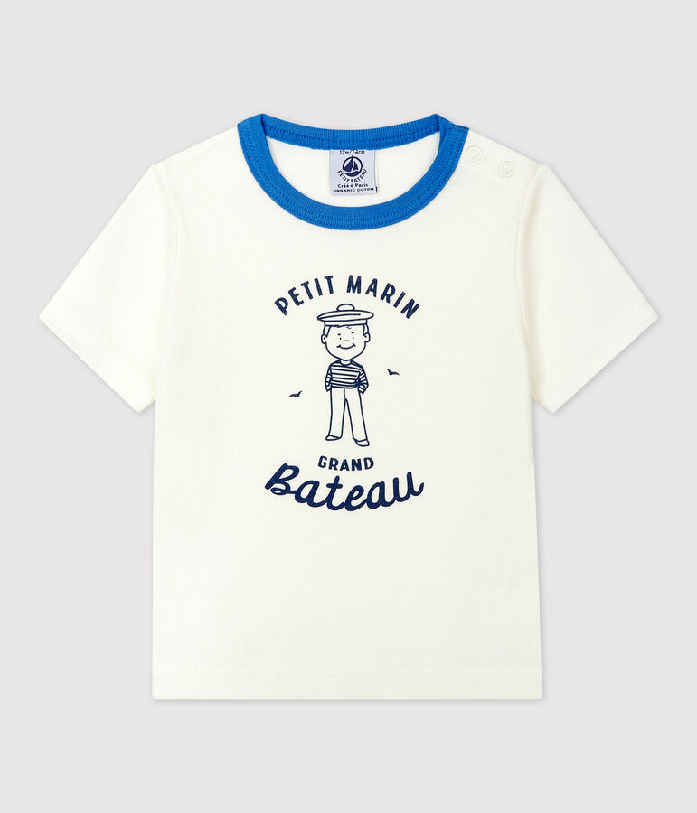 Tee-shirt manches courtes &agrave; motif marin en coton b&eacute;b&eacute; blanc MARSHMALLOW