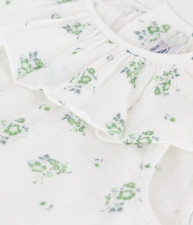 Robe manches courtes imprim&eacute; fleuri en gaze de coton bio b&eacute;b&eacute; blanc/multicouleur