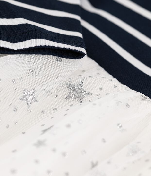 Robe manches longues coton et tulle enfant fille bleu/blanc