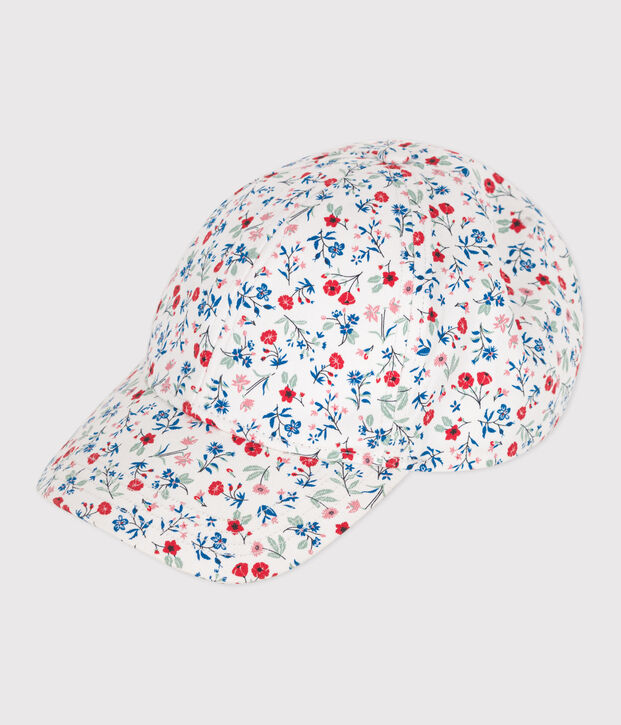 Casquette enfant fille en toile imprim&eacute; fleurs blanc/multicouleur