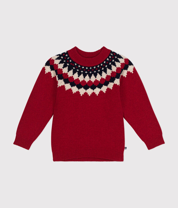 Pull jacquard laine et coton enfant gar&ccedil;on rouge/multicouleur