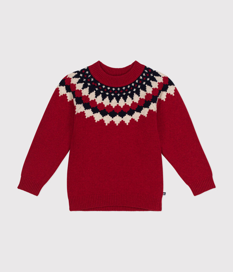 Pull jacquard laine et coton enfant gar&ccedil;on rouge STOP/ MULTICO