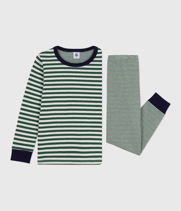 Pyjama enfant en tubique &agrave; rayures vert/beige
