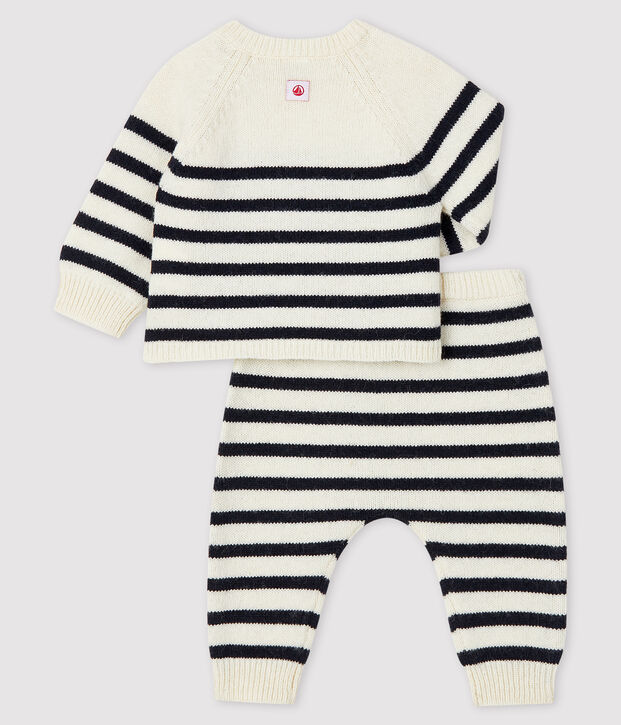 Ensemble 2 pi&egrave;ces &agrave; rayures b&eacute;b&eacute; en tricot blanc/bleu