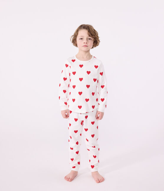 Pyjama enfant imprimé cœurs en côte blanc MARSHMALLOW/rouge TERKUIT