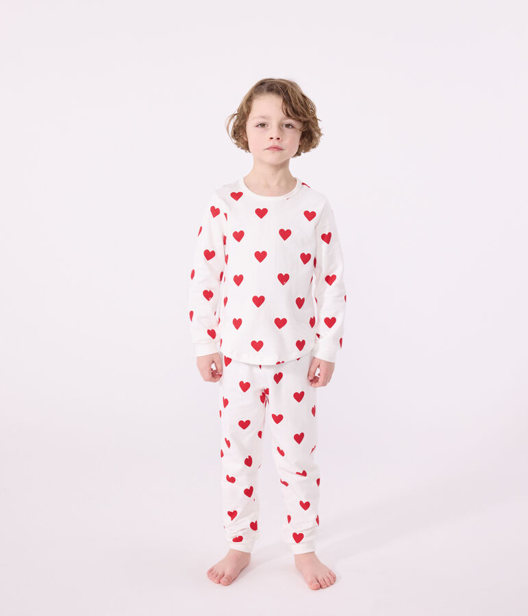 Pyjama enfant imprim&eacute; c&oelig;urs en c&ocirc;te blanc MARSHMALLOW/rouge TERKUIT