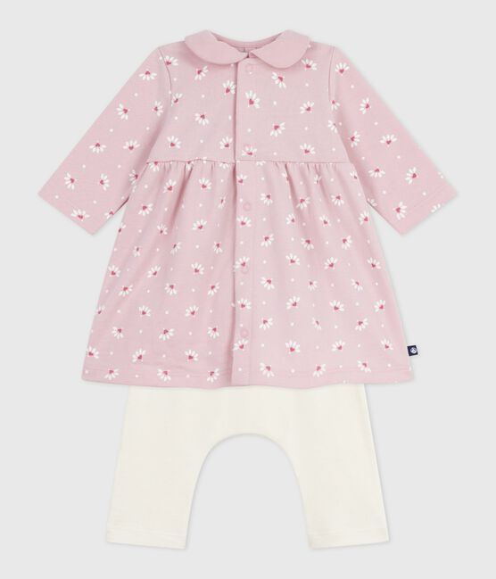Robe bébé à col imprimé fleurs et coeurs et legging en coton rose JOLI/blanc MULTICO