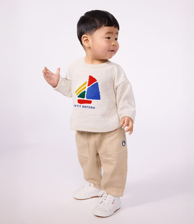 Pantalon b&eacute;b&eacute; en coton uni avec badge, style cargo beige