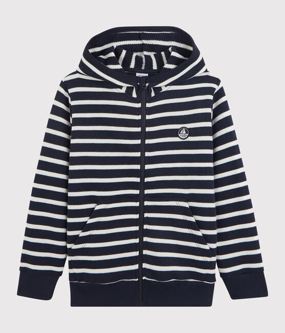 Sweatshirt à capuche enfant garçon blanc MARSHMALLOW/bleu SMOKING