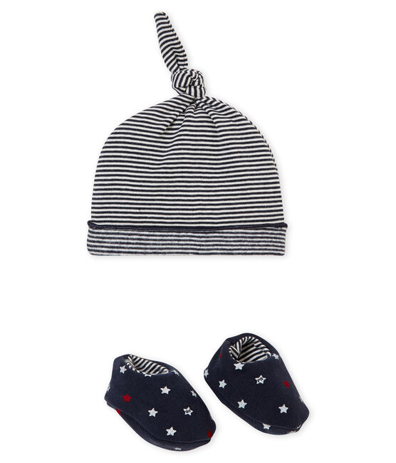 Lot bonnet et chaussons bébé garçon bleu SMOKING/blanc MULTICO