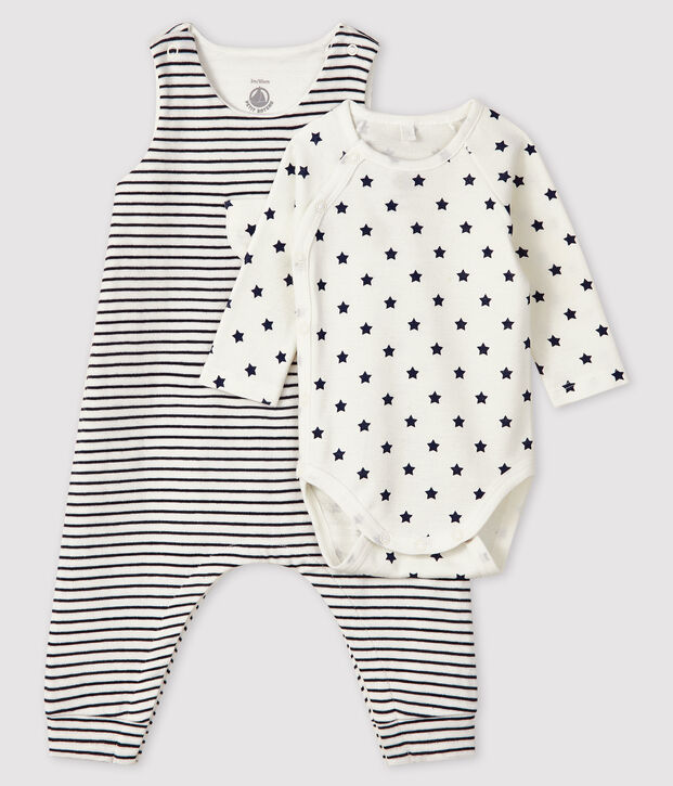 Ensemble 2 pi&egrave;ces b&eacute;b&eacute; en tubique blanc/bleu