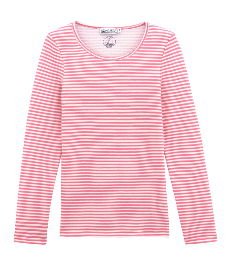 Tee shirt manches longues coton et laine pour femme rose/blanc