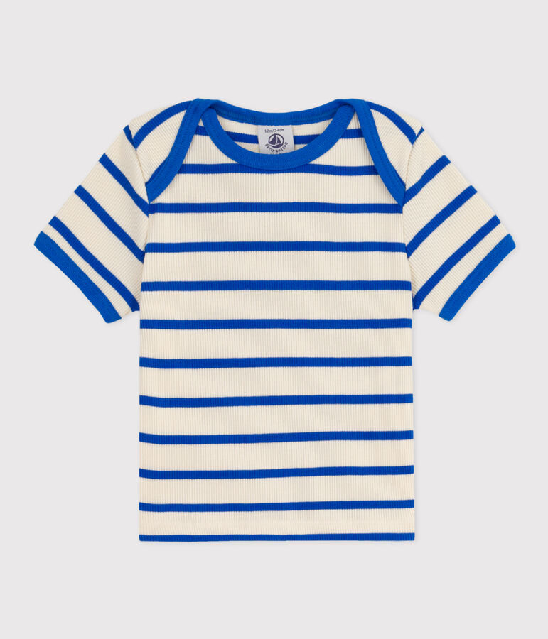 Tee-shirt manches courtes b&eacute;b&eacute; en maille c&ocirc;tel&eacute;e ray&eacute;e bleu AVALANCHE/blanc PERSE