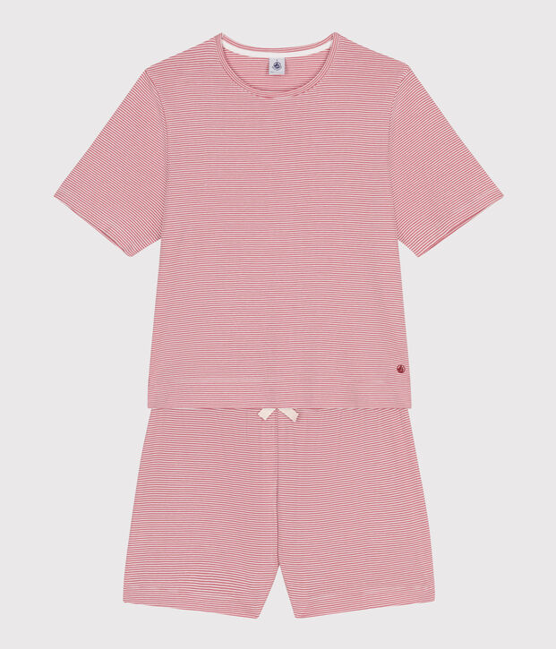 Pyjama short femme en coton &agrave; rayures rose/blanc