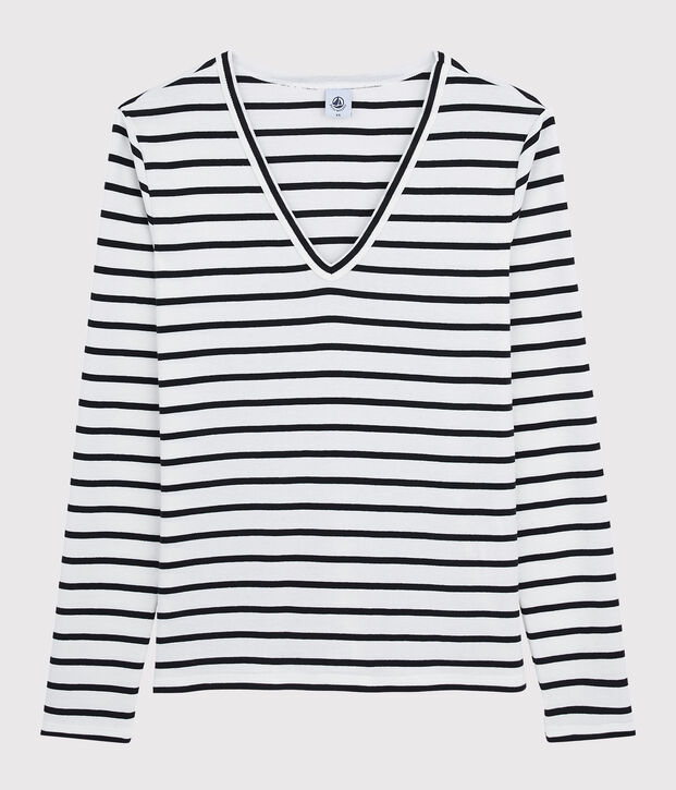 T-shirt col V iconique en coton Femme blanc/bleu
