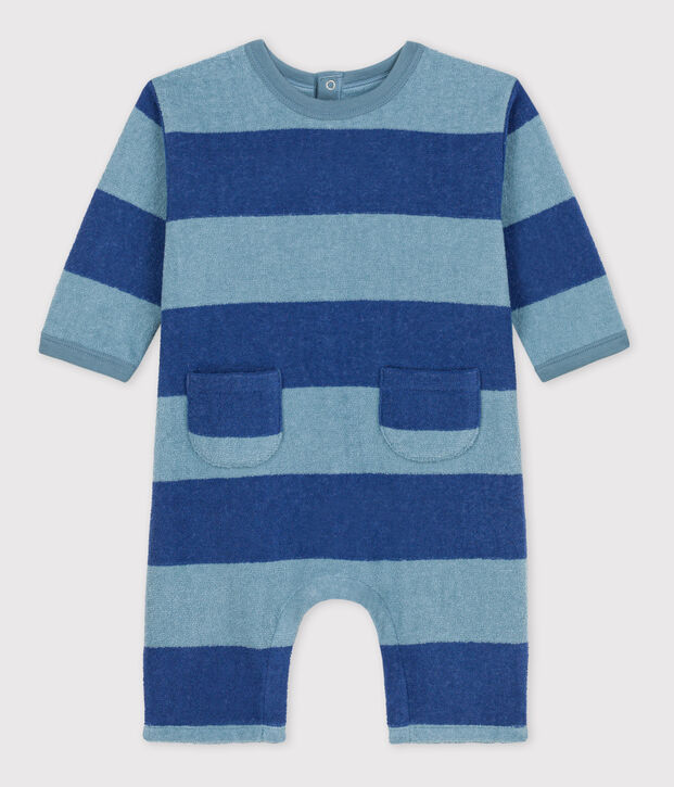 Combinaison b&eacute;b&eacute; longue en bouclette &eacute;ponge bleu/bleu