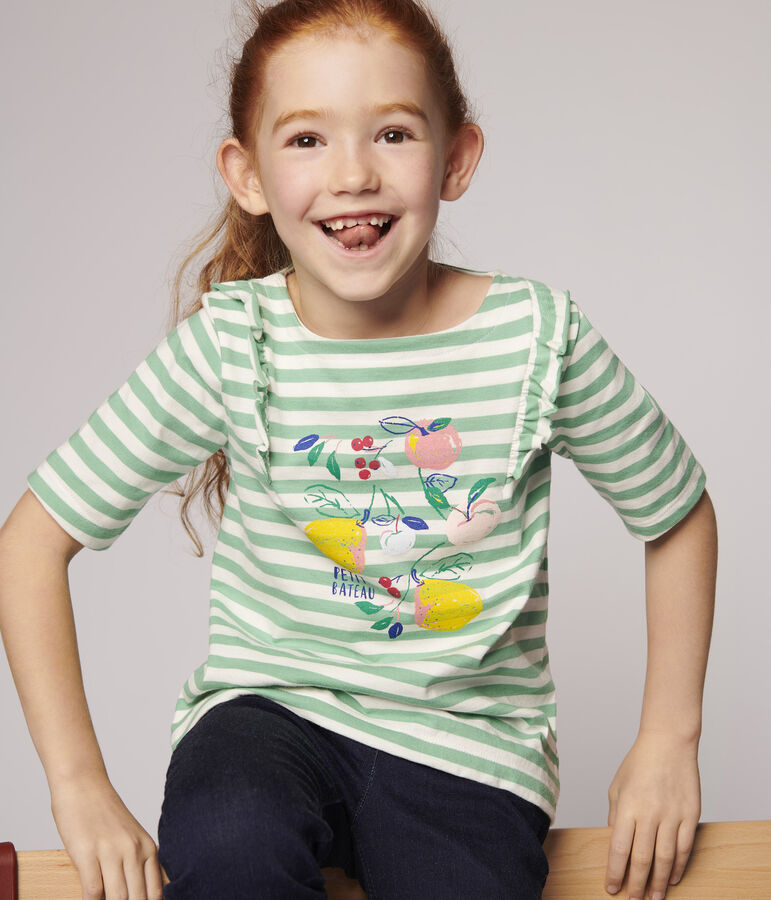 Tee-shirt manches courtes en jersey enfant fille vert/blanc