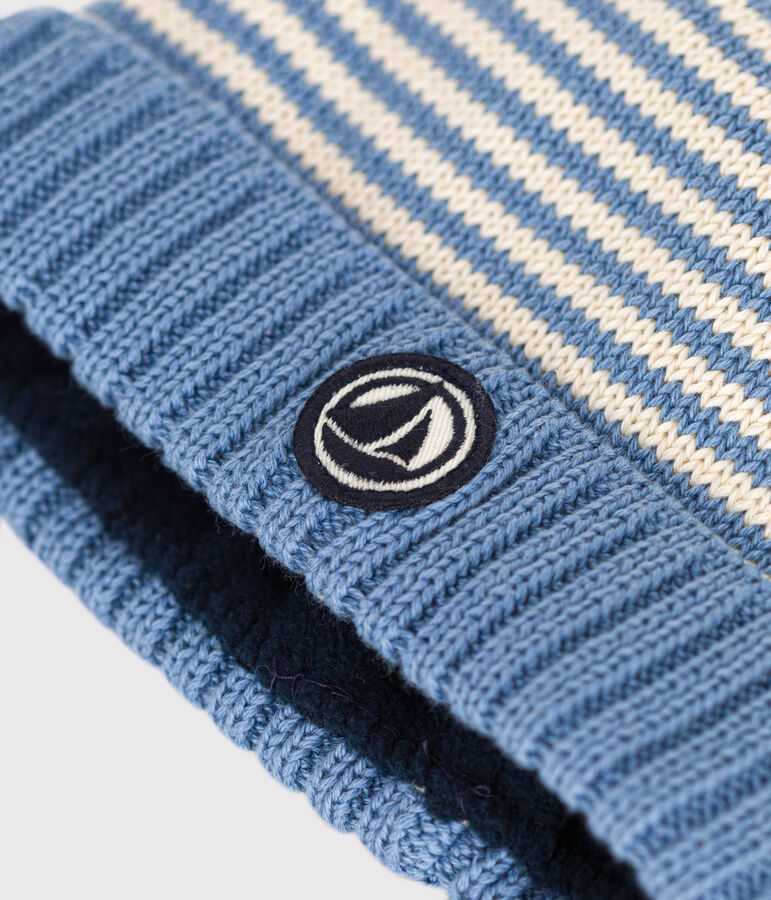 Bonnet en tricot doubl&eacute; en polaire b&eacute;b&eacute; bleu/&eacute;cru