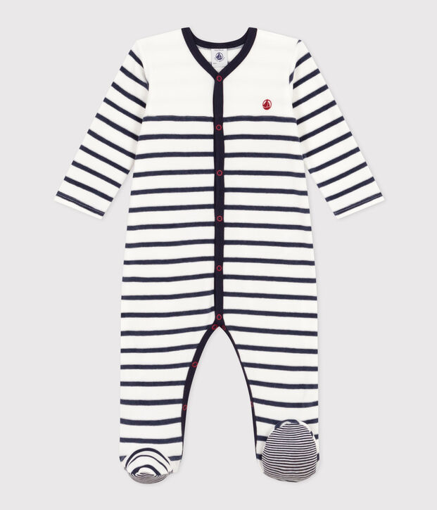Pyjama b&eacute;b&eacute; ray&eacute; en velours blanc/bleu