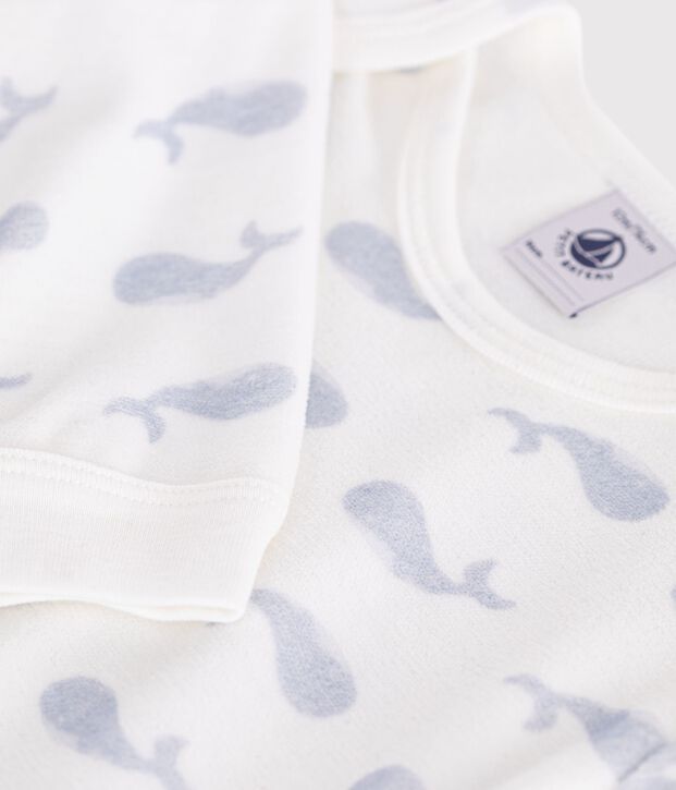 Pyjama b&eacute;b&eacute; en velours ouverture sans pression imprim&eacute; baleine blanc/bleu