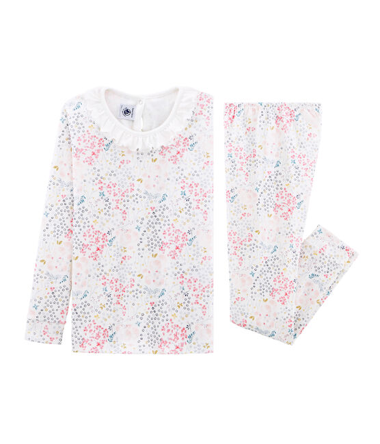 Pyjama petite fille coupe très ajustée en côte blanc MARSHMALLOW/blanc MULTICO