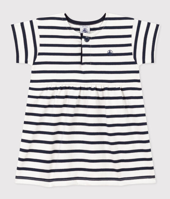 Robe manches courtes en jersey épais rayé bébé blanc MARSHMALLOW/bleu SMOKING