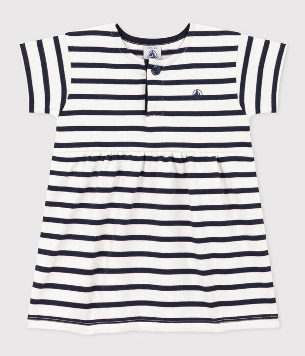 Robe manches courtes en jersey &eacute;pais ray&eacute; b&eacute;b&eacute; blanc/bleu