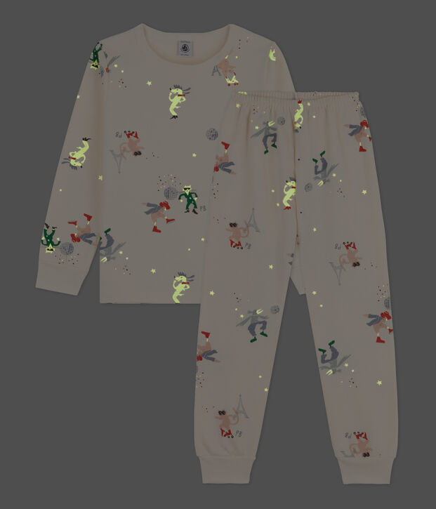 Pyjama phosphorescent en molleton  enfant &eacute;cru/multicouleur