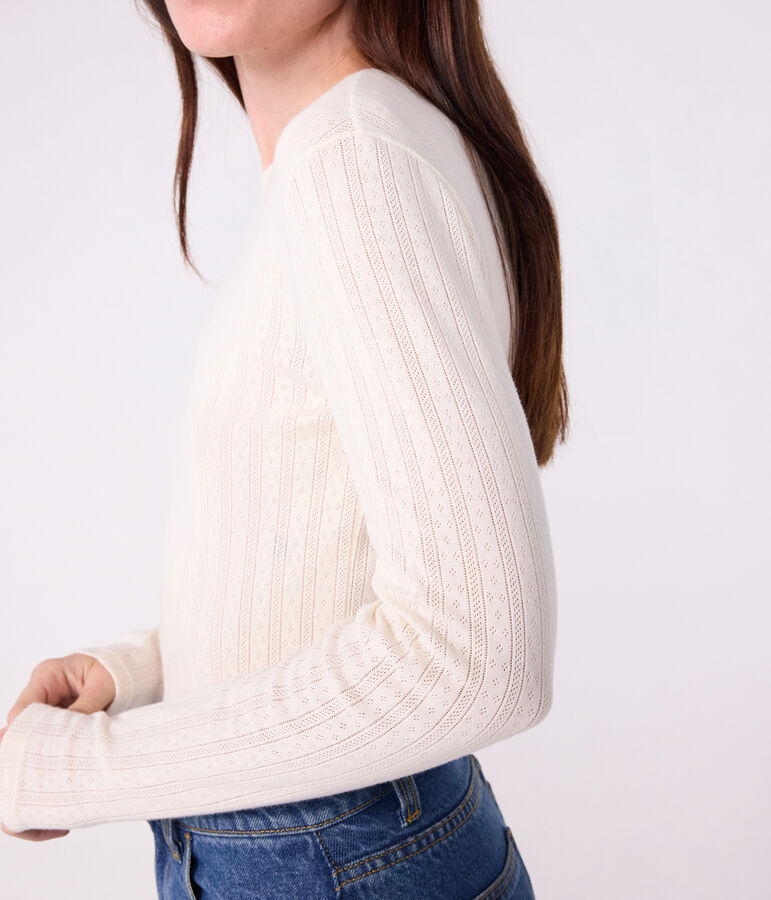 Tee-shirt femme l'iconique en coton ajour&eacute; manches longues &eacute;cru MILK