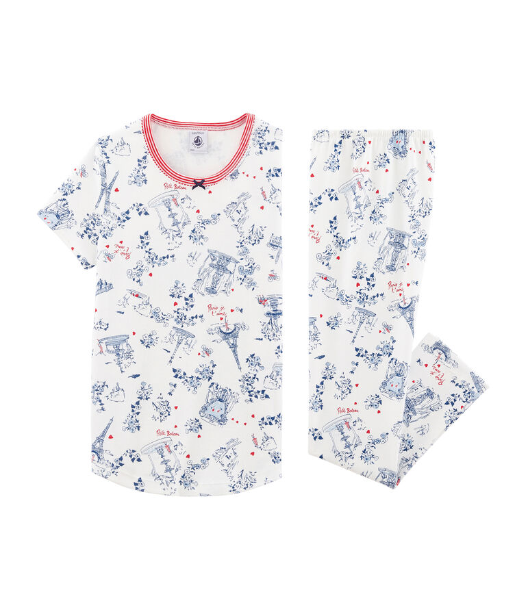 Pyjama petite fille en c&ocirc;te blanc MARSHMALLOW/blanc MULTICO