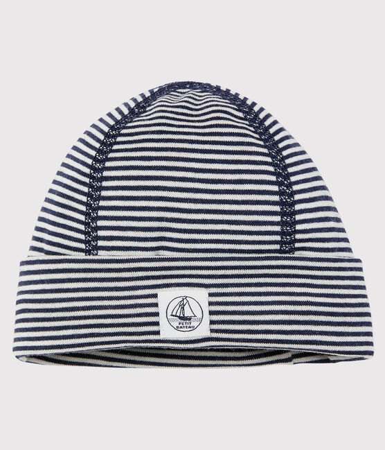 Bonnet naissance anti-ondes en jersey double face bleu SMOKING/blanc ECUME