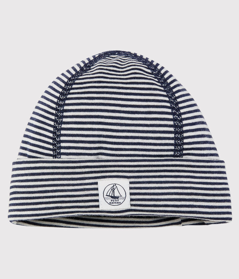 Bonnet naissance anti-ondes en jersey double face bleu/blanc
