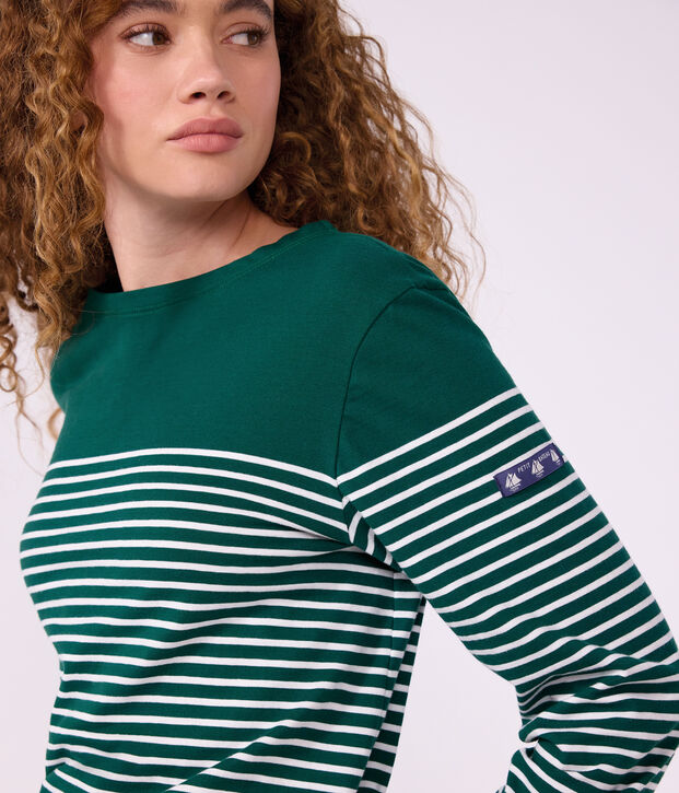 Tee-shirt marini&egrave;re femme en coton vert/blanc