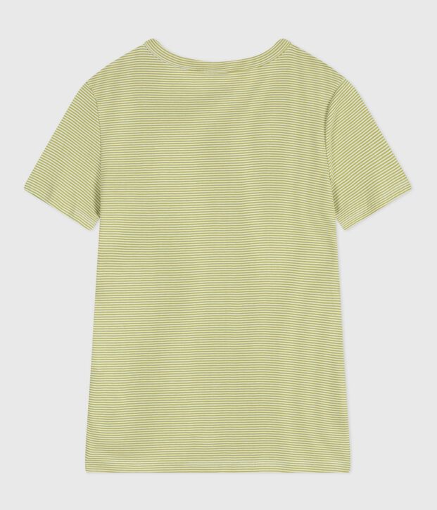 Tee-shirt femme en coton manches courtes &agrave; rayures vert/blanc