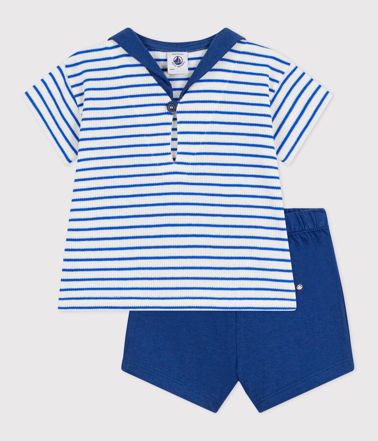 Ensemble b&eacute;b&eacute; deux pi&egrave;ces en coton, tee-shirt col marin &eacute;cru/bleu