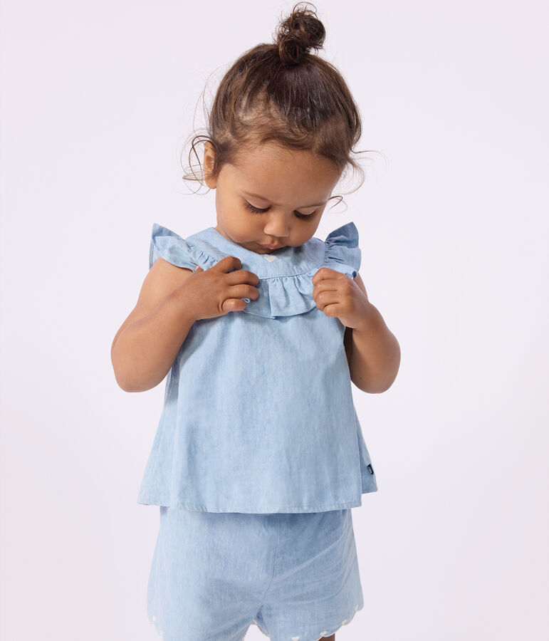 Blouse b&eacute;b&eacute; en coton sans manches en chambray brod&eacute; bleu BLEU CLAIR